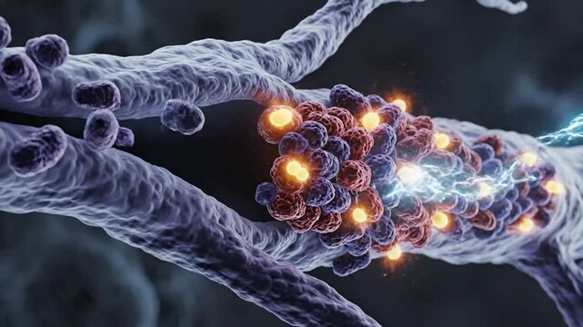 Microscopic illustration of a biological structure with glowing particles and energy transfer, depicting cellular activity and neural signaling.
