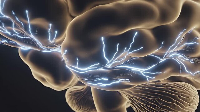 Detailed 3D rendering of human brain with glowing neural pathways and electrical impulses, illustrating complex cognitive functions.
