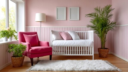 Obraz premium Pink nursery room creating cozy baby bedroom interior