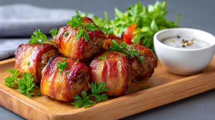 Bacon wrapped meatballs serving with sauce and salad