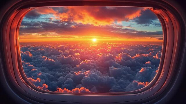 Breathtaking sunset view from an airplane window above the clouds