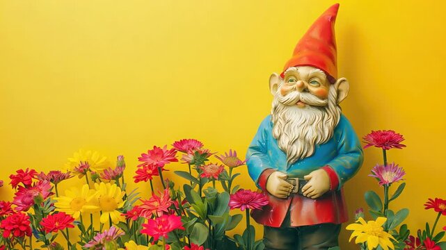 A colorful garden gnome surrounded by vibrant flowers against a bright yellow background.