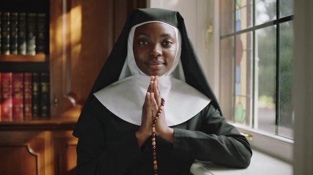Portrait of African American young nun dressed in habit posing for camera when praying with rosary putting elbows on windowsill in church office