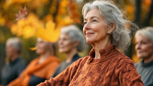 Graceful seniors practicing tai chi in a serene autumn park