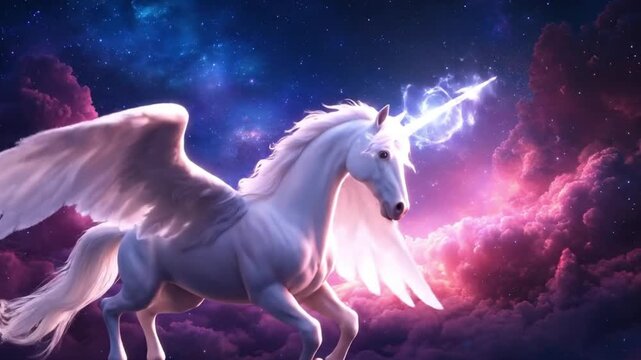 Majestic winged unicorn soaring through a cosmic cloudscape