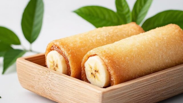 Delicious banana spring rolls served on a wooden tray