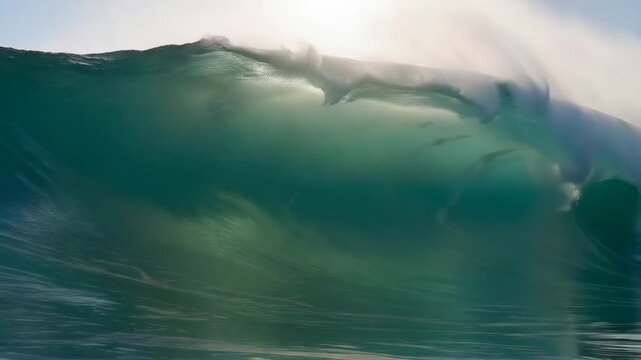 Abstract frozen wave moment background with translucent green curl and trapped air