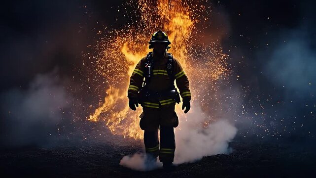 A lone firefighter walking through rain and smoke