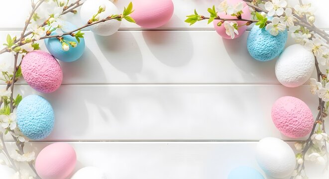 Easter egg garland on white wooden background