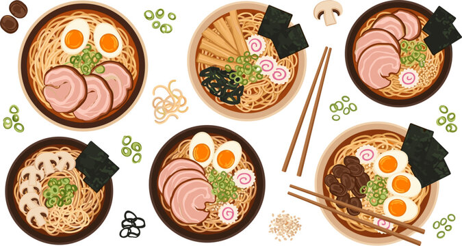Japanese Ramen Noodle Bowl Collection with Pork Chashu, Boiled Eggs, Mushrooms, Seaweed, Fish Cake, and Chopsticks Traditional Asian Soup Vector Illustration Set