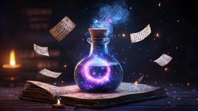 A potion surrounded by floating runes and scrolls