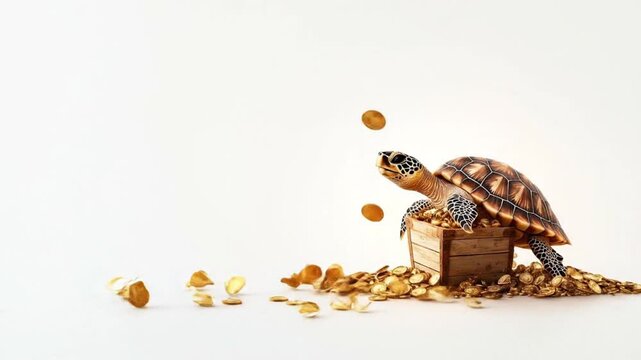 A sea turtle carrying a tiny treasure chest, white background