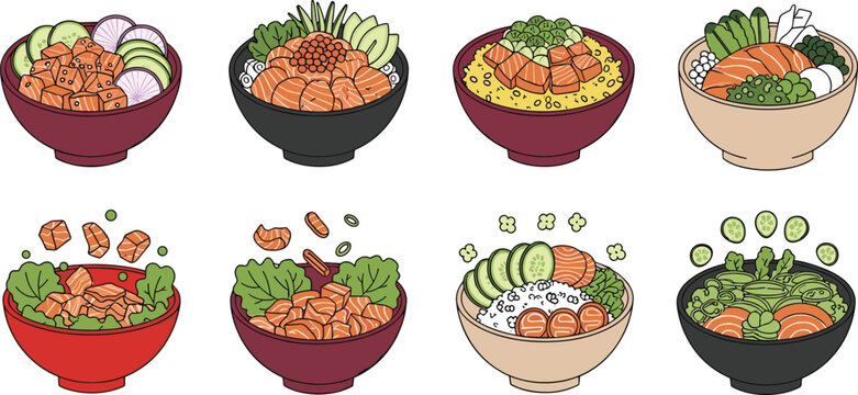 Asian Noodle Bowls Set with Salmon Shrimp Ramen Poke Avocado Seaweed Veggies and Fresh Toppings Vector Illustrations for Restaurant Menus, Food Blogs, Healthy Asian Cuisine, and Wellness Designs