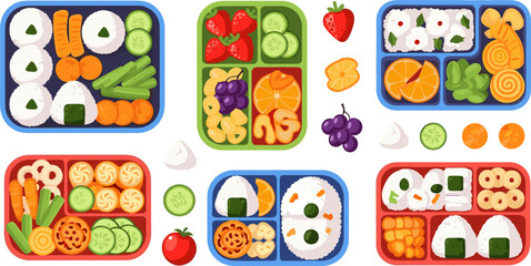 Kids School Lunchbox Bento Meal Collection with Rice Balls, Fruits, Vegetables, Healthy Snacks, and Colorful Japanese Style Lunch Food Vector Illustration Set