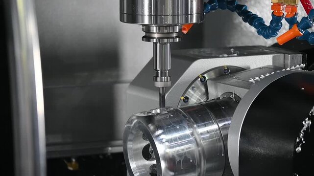 This slow-motion video clip showcases the capabilities of a 5-axis CNC Machining Center as it machined complex geometric automotive parts using a ball nose end mill.