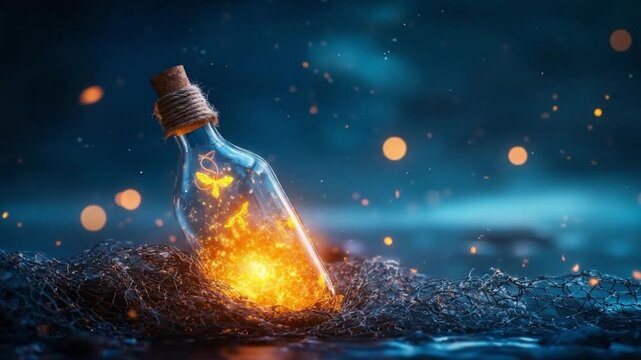 A bottle caught in a fishing net, glowing from within