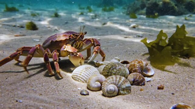 Large brown crab carefully moving its legs and claws across the sandy ocean floor among a collection of various natural seashells video.