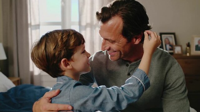 Son playfully touches his dad&rsquo;s hair while helping him get ready. They smile and bond in a lighthearted morning scene