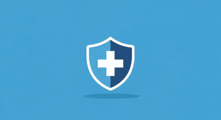 Fototapeta premium Minimalist blue shield icon with a white cross, symbolizing health, medical protection, security, and well-being. A modern graphic for healthcare, insurance, or safety concepts