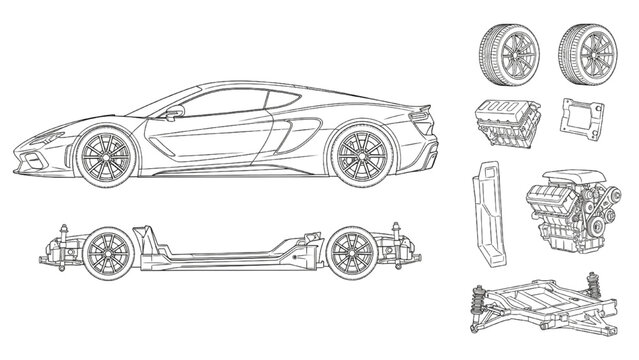 High Quality Black Line Art Supercar Blueprint with Exploded Parts, Engine, Chassis, Wheels and Suspension Technical Diagram