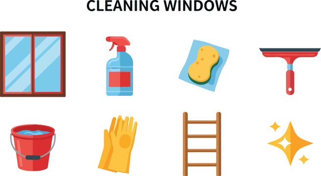 Image features various windowcleaning items a window spray bottle sponge squeegee bucket gloves ladder and sparkle