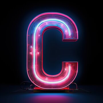 Alphabet capital letter C text. Futuristic neon glowing symbol, logo on dark grunge background.