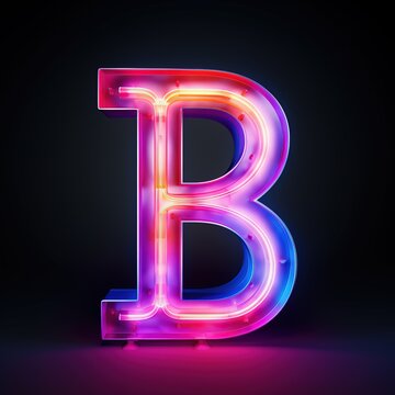 Alphabet capital letter B text. Futuristic neon glowing symbol, logo on dark grunge background.