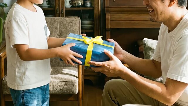 父の日にプレゼントを渡す幼い息子の手元と喜ぶ父親