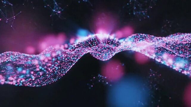 Abstract digital particle wave simulation illustrating vibrant glowing blue and pink data flow motion footage animation