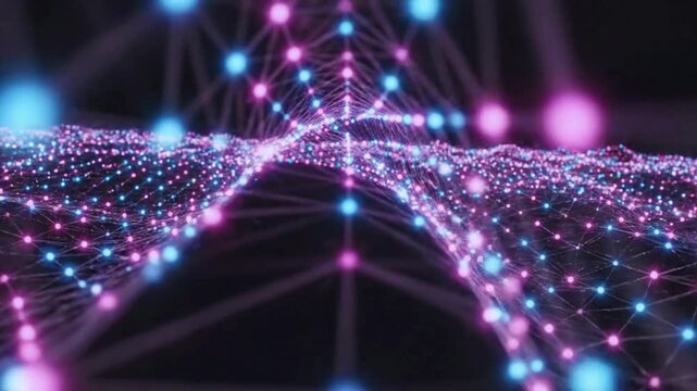 Futuristic abstract network of glowing pink and blue connected dots flowing across a dark background, depicting data communication and digital technology video.