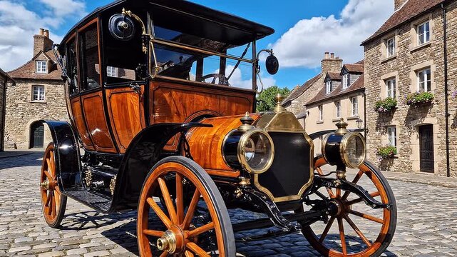 Vintage Car on Cobblestone Street Europe.
