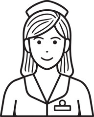 Hand Drawn Female Nurse Black and White Avatar Illustration in Minimal Line Art Style Design