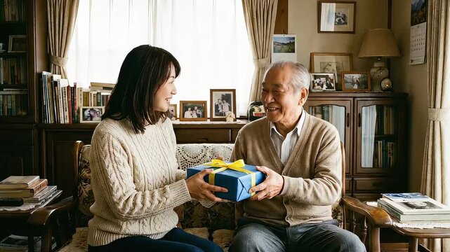 帰省して父にサプライズでプレゼントを渡す成人の娘