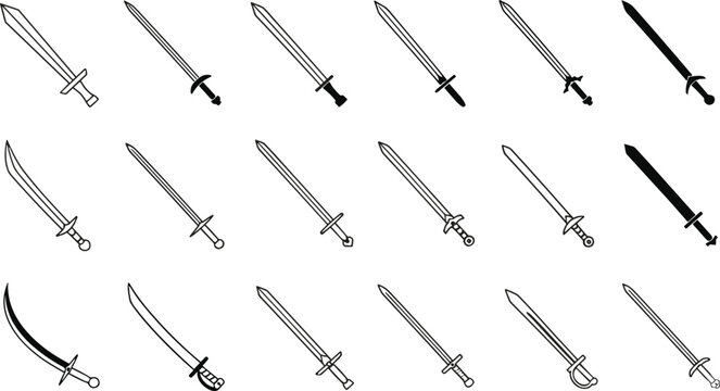 Collection of sword line icons featuring medieval weapons, samurai katana blades, fantasy warrior arms and historical combat equipment illustration set isolated on background