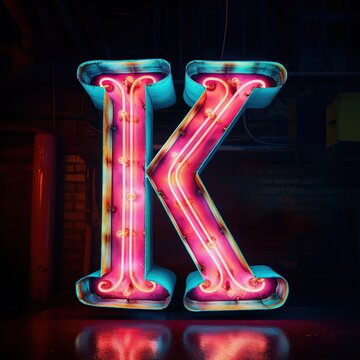 Alphabet capital letter K text. Futuristic neon glowing symbol, logo on dark grunge background.
