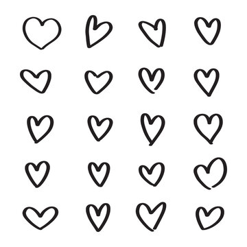 Black hand drawn heart icons, rough textured sketch variations, bold outlines, scribbled shading, creative abstract love symbols, artistic graphic design accents in eps 10.