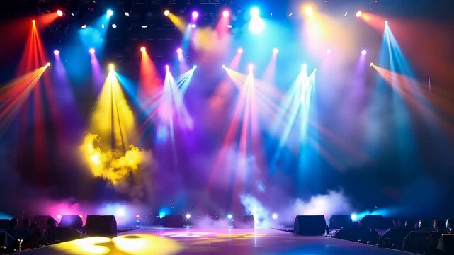 Colorful stage lights shining through smoke on empty concert stage creating vibrant music show scene