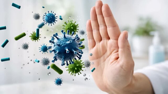 Human hand blocking flying virus particles showing protection from infection and health danger