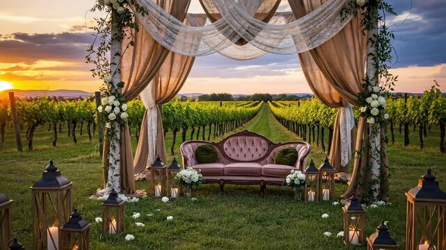 Rustic Vineyard Wedding Altar with Vintage Pink Sofa and Lanterns at Sunset