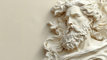 A detailed classical marble relief carving of a bearded male figure, reminiscent of a Greek god or historical philosopher. The sculpture features intricate flowing hair and beard textures