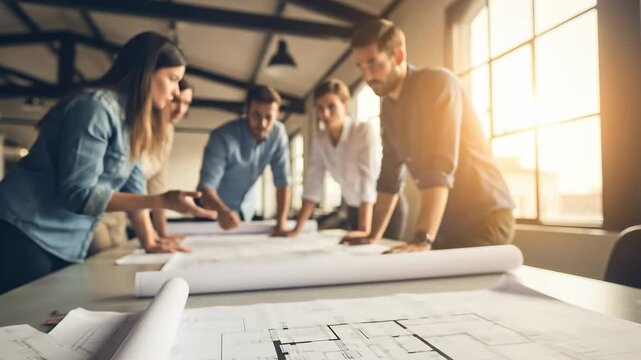 Diverse Young Architects Reviewing Sustainable Urban Planning Blueprints in Modern Loft Office