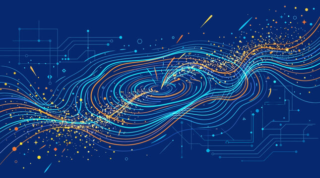 Abstract Digital Art: Swirling Blue and Orange Lines, Particles, and Circuitry on Dark Blue Background