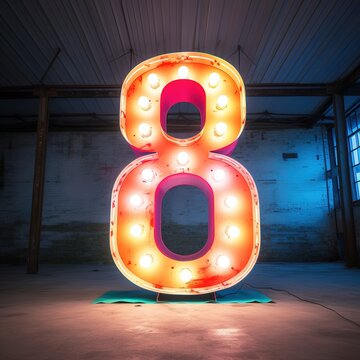 Number 8 eight. Futuristic neon font, digital glowing symbol, logo on dark grunge background.
