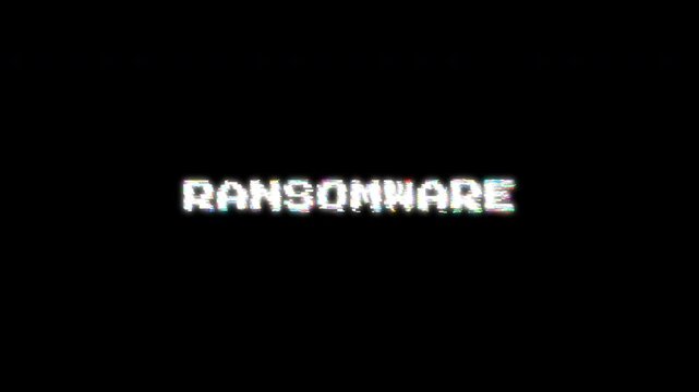 Text RANSOMWARE appearing in random glitch and coding style. High quality 4K footage with alpha channel.