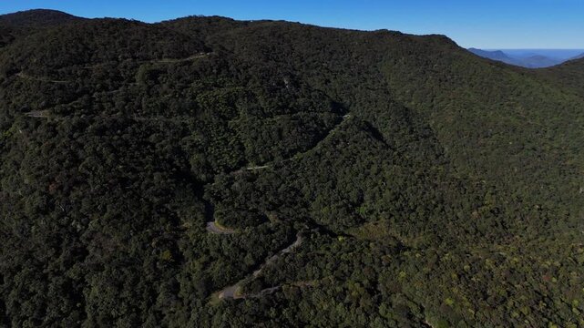 Aerial drone footage capturing a scenic winding road passing through dense green forest near Horton Plains in Sri Lanka. Beautiful natural landscape with lush trees and mountain scenery, ideal for tra