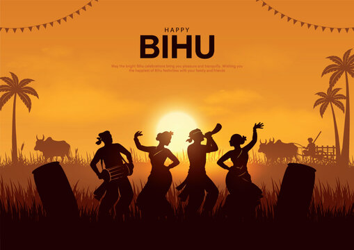 Vector illustration of Happy Bihu, Assamese New Year, Indian traditional festival, people dancing silhouette. Harvest festival of Assam.