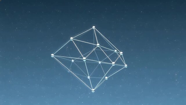 Abstract geometric network diagram with interconnected nodes and lines, representing data connectivity, AI structure, or systems architecture on soft gradient background