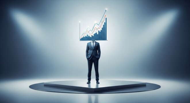 Abstract minimal platform showcasing a dedicated business leader with 3D financial chart head illustrating strategic risk navigation and continuous growth