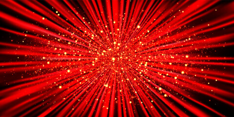 A red bg with gold glitter decor of a tent with radial folds. A room's fabric ceiling is decorated in a circus style. Vector illustration with gradient mesh and overlay effects. Abstract background. © Kusandra