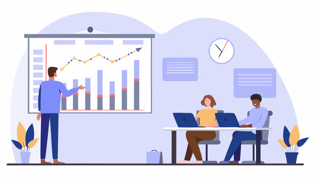 Business team analyzing data on projector screen in modern office